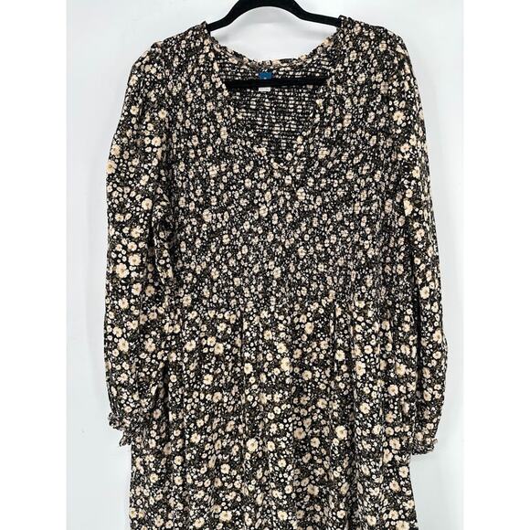 Old Navy Black Ditsy Floral Smocked Midi Dress 3X Long Sleeve Pockets Fall Boho - Picture 3 of 8